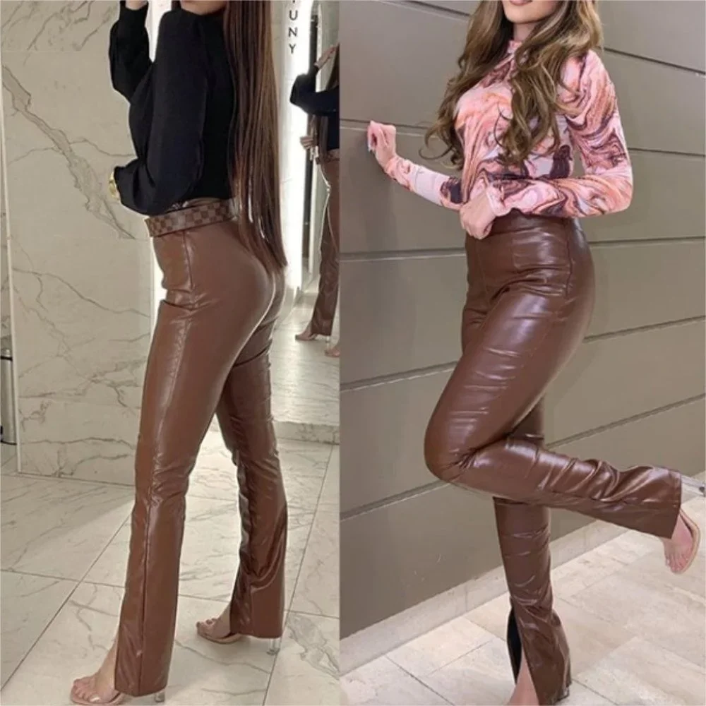 Brown High Waist Slit Hem PU Leather Pants - Picture 2 of 9